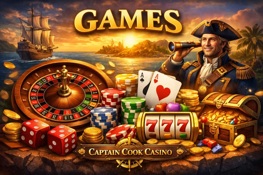 Captain Cook Casino online games: slots, poker, roulette, and chips in a colorful and modern casino environment