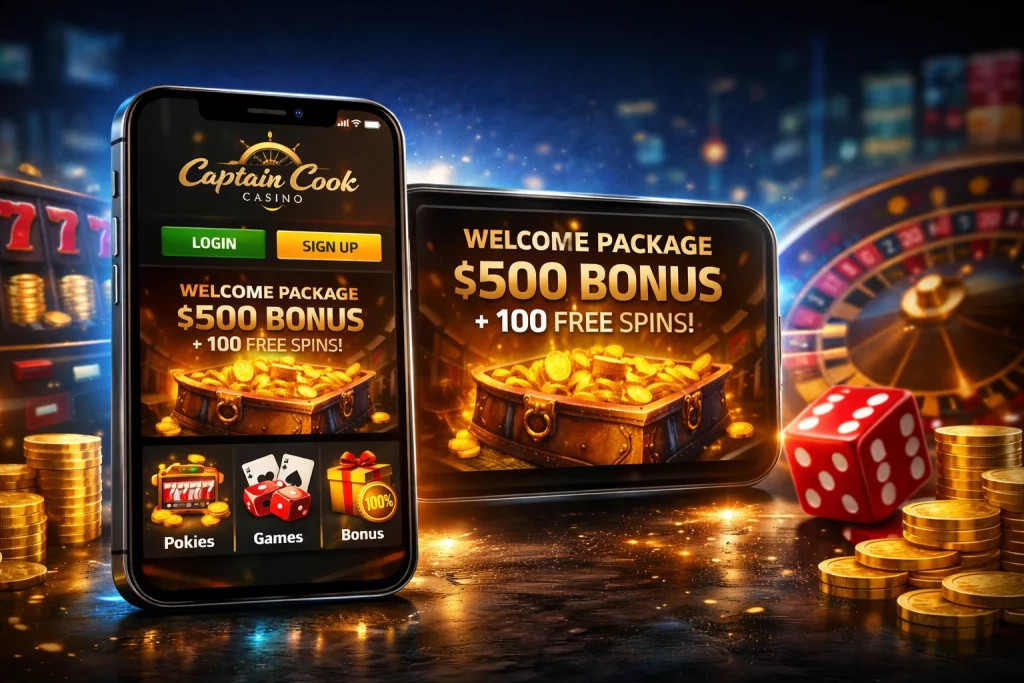Captain Cook Casino App banner with mobile phone interface showing pokies slots, games and bonus icons on a dark neon background