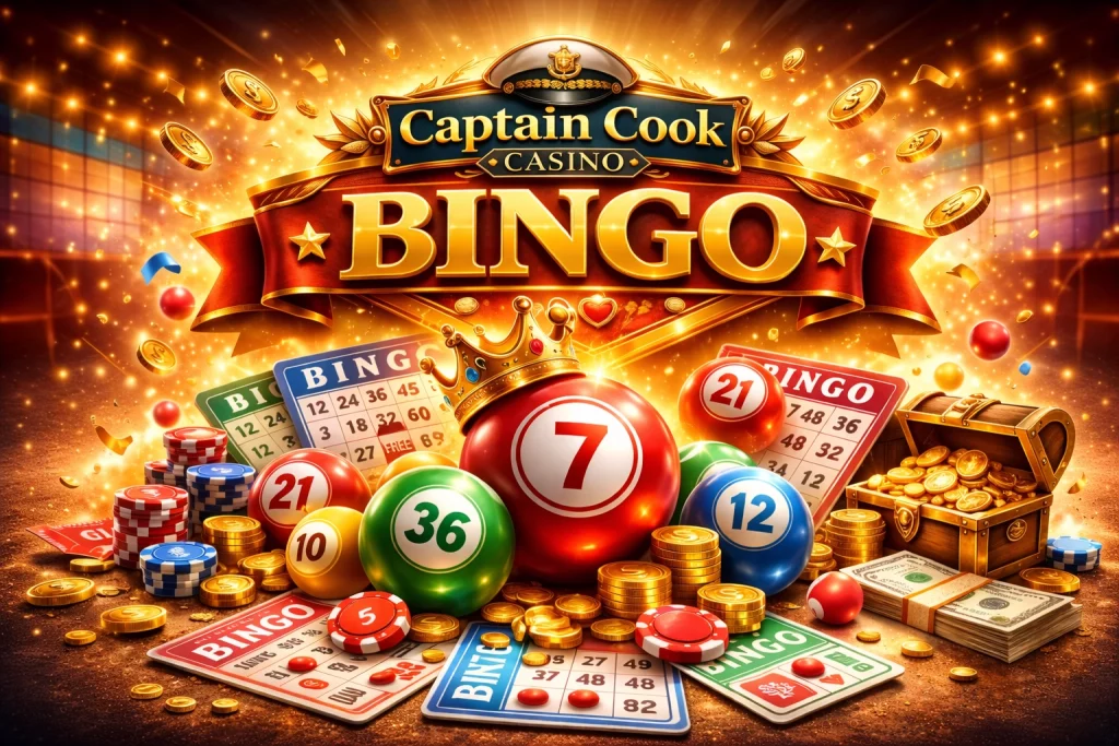 Captain Cook Casino Bingo banner with golden logo, glowing bingo balls, bingo cards, coins and treasure chest on bright casino background