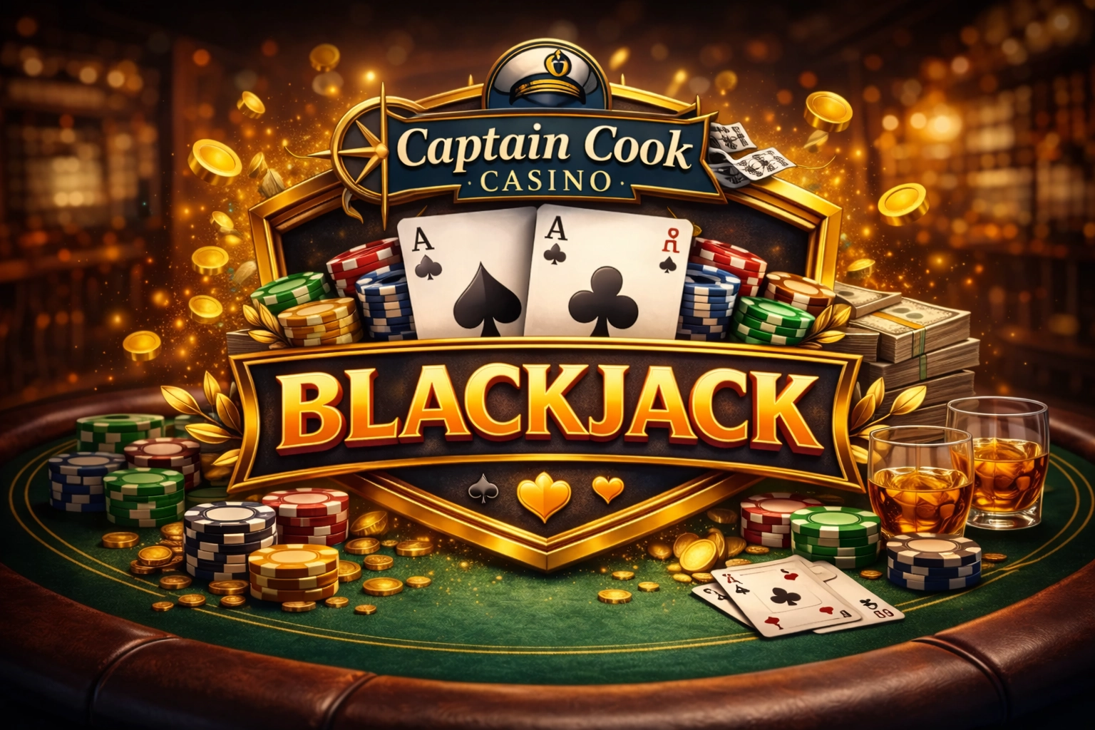 Captain Cook Casino Blackjack banner with gold logo, playing cards, poker chips, coins and whiskey glasses on casino table background