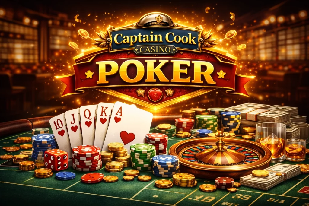 Captain Cook Casino Poker banner with royal flush cards, poker chips, roulette wheel, coins and whiskey glass on casino table background