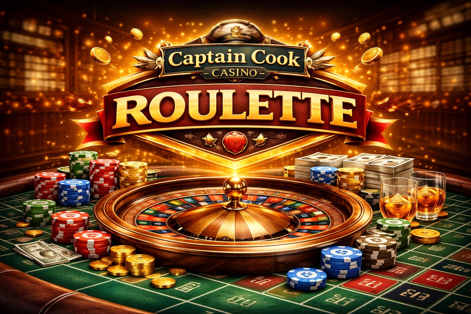 Captain Cook Casino Roulette horizontal banner with gold logo, roulette wheel, colorful chips, coins and whiskey glasses on casino table background